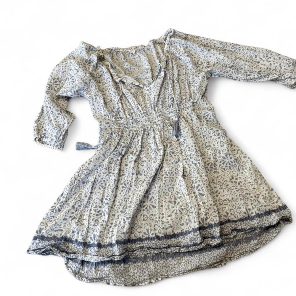 Women’s Blue Cream Printed Peasant Swim Cover-Up Dress